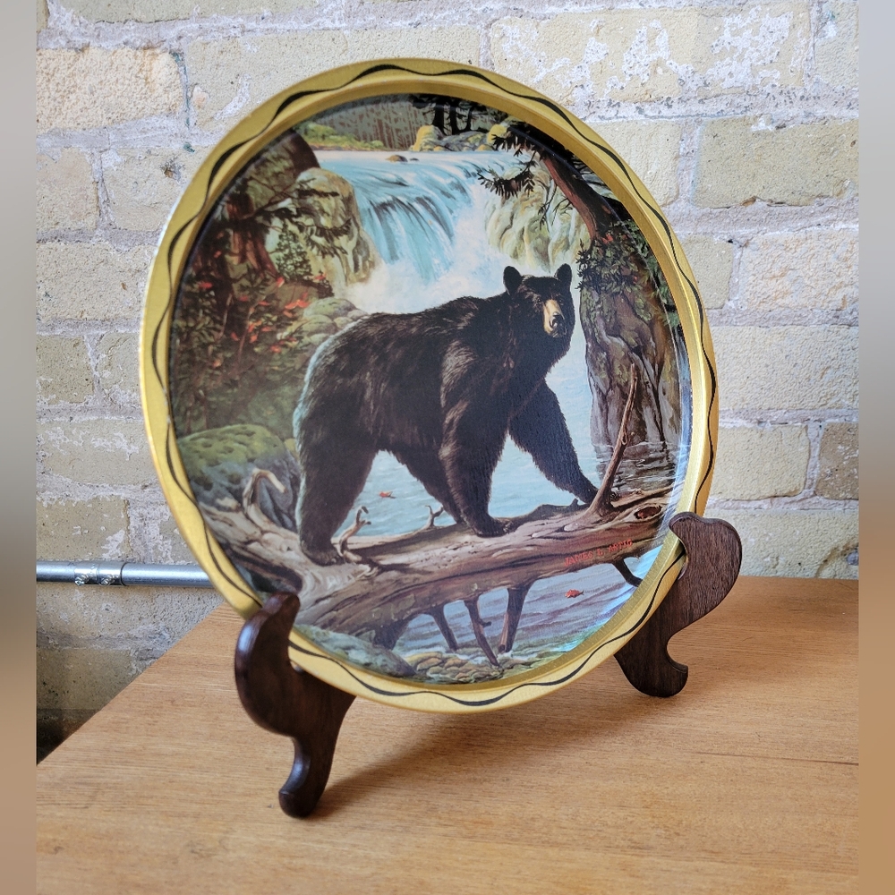 Vintage James L. Artig Wildlife Black Bear Waterfall Gold Tin Tray Platter 11"